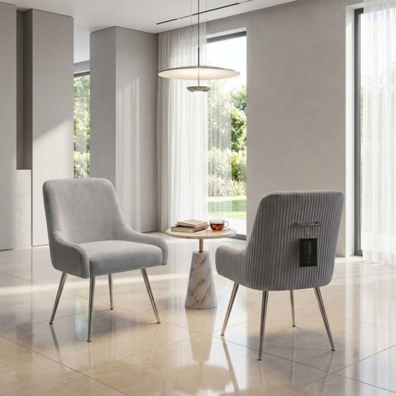 Tufted Velvet Upholstered Upholstered Back Side Chair, Chrome, Silver