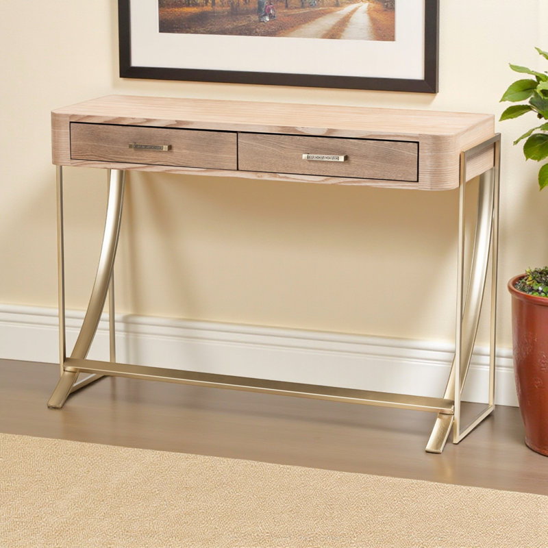 Console à deux tiroirs en bois brun avec accents dorés, H 29,33 po x l 42,33 po x P 15,93 po