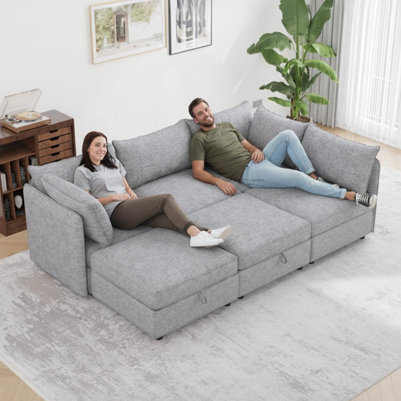 Canapé modulaire 6 places avec rangement caché, canapé convertible avec coussins moelleux, Polyester gris