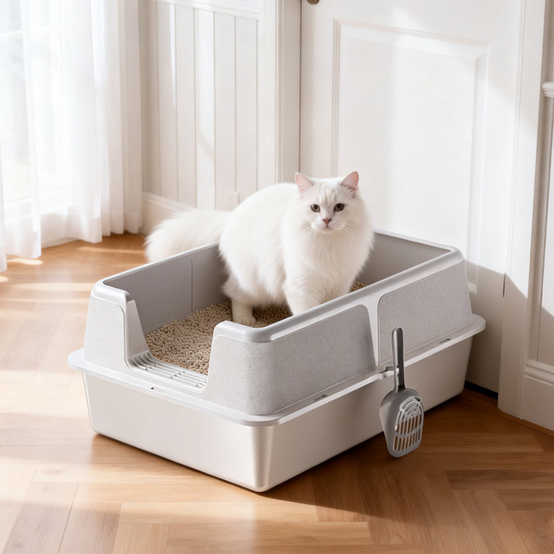 Extra Large Stainless Steel Cat Litter Box – High-Sided, Non-Stick, Odor-Resistant, Leak-Proof & Easy-Clean – Gray Open-Top Toilet for Multiple & Large Cats, Includes Scoop