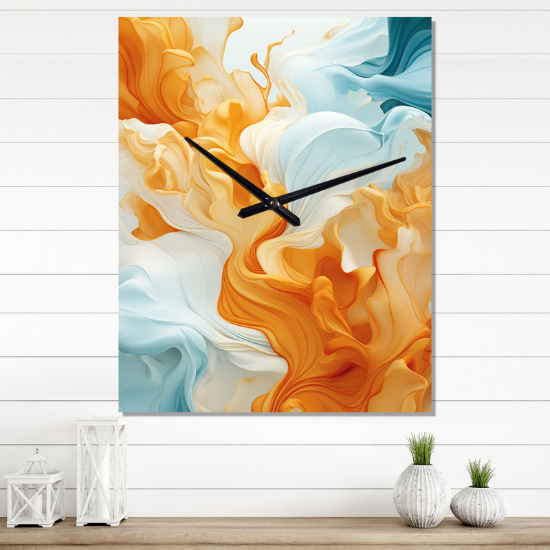 Bright Orange And Turquoise Liquid Ink Art I - Abstract Shapes  Wall Clocks, Medium