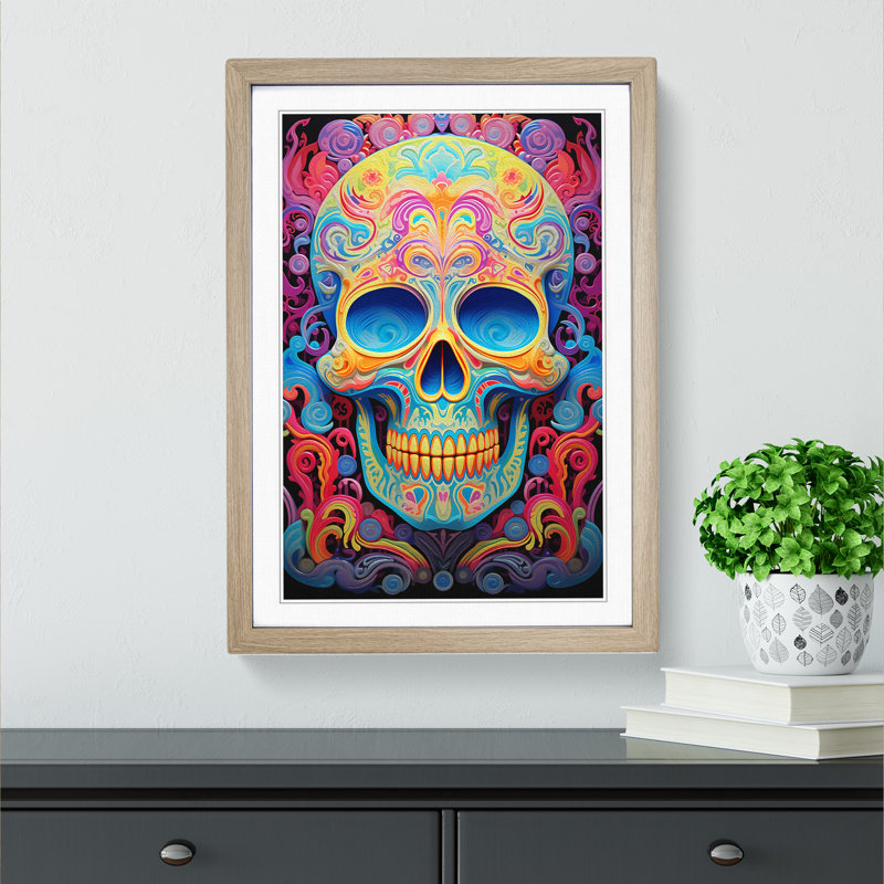 Sugar Skull Colour Field - Single Picture Frame Print on Wood, Oak, 34" H x 25" W x 2" D