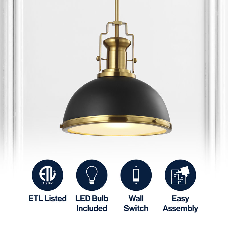 Staub 1-Light Modern Industrial Metal LED Dome Pendant, Brass Gold/Black, 13.5" H x 13" W x 13" D