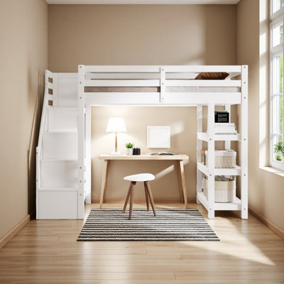 Loft Bed With Shelves, Storage Staircase, Small Wardrobe And White LED Light