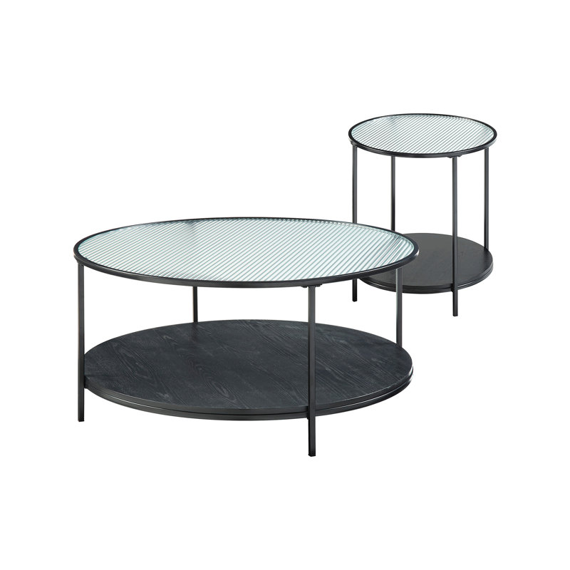 2Pc Modern Occasional Table Set Coffee Table Glass Top End Table Black Metal Finish Living Room Furniture