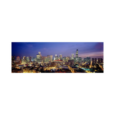 High Angle View Of Buildings Lit Up At Dusk, Chicago, Illinois, USA - Wrapped Canvas Panoramic Print