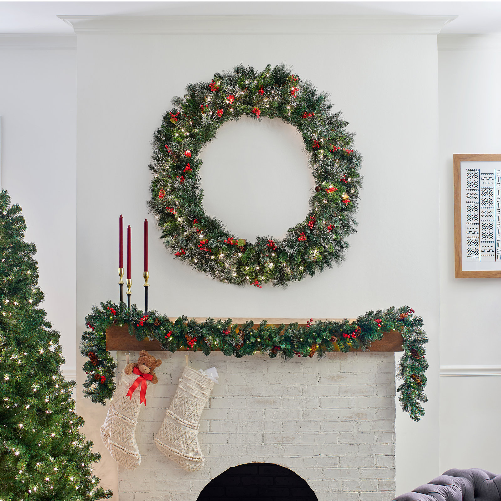 Pre-Lit Pine Wreath, 48" H x 48" W x 7" D