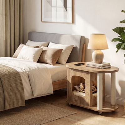 End Table, Sofa Side Table with Scratching Posts and Cat Bed