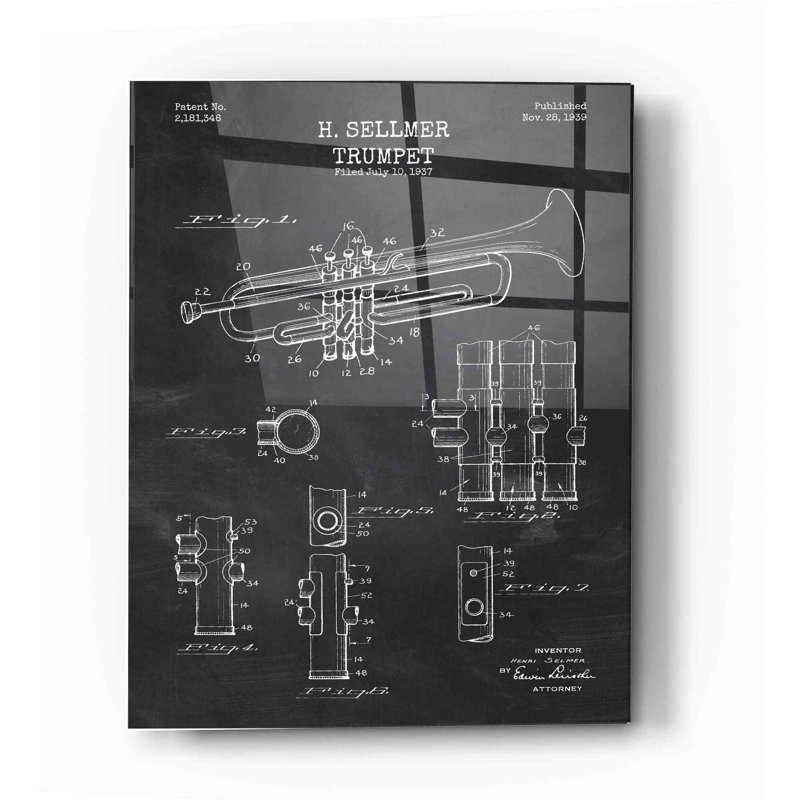 «Trumpet Blueprint Vernis Chalkboard», art mural en verre acrylique, H 16 po x l 12 po x P 0,12 po