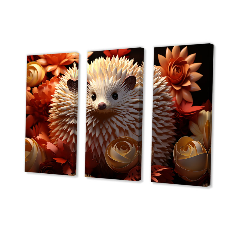 Animaux, amis de haie florale blanche - Art mural hérisson, Toile tendue, H 40 po x l 60 po