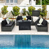Wicker/Rattan 6 - Person Seating Group with Cushions & 60,000 BTU Fire Pit