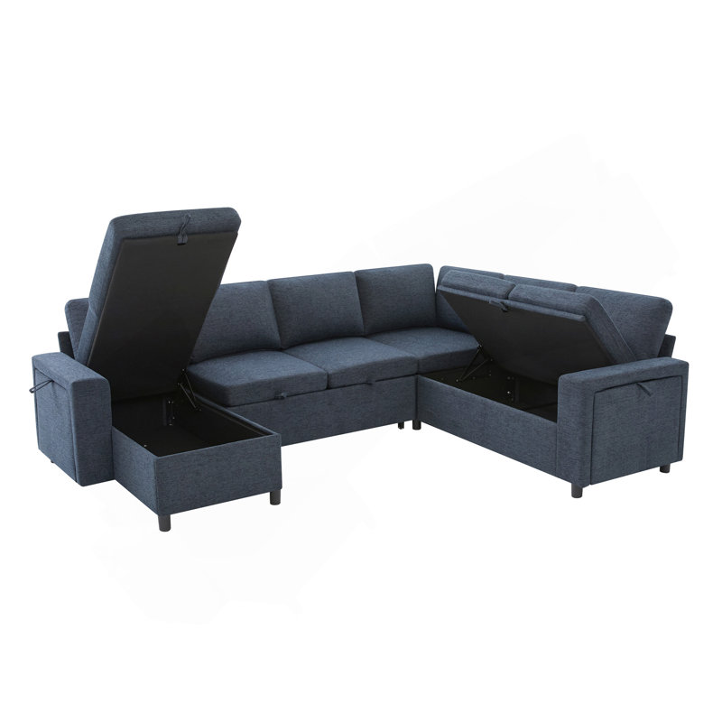 Canapé-lit modulaire convertible en U avec rangement, chargeur USB et porte-gobelets, canapé-lit en chenille rembourré pour le salon, bleu