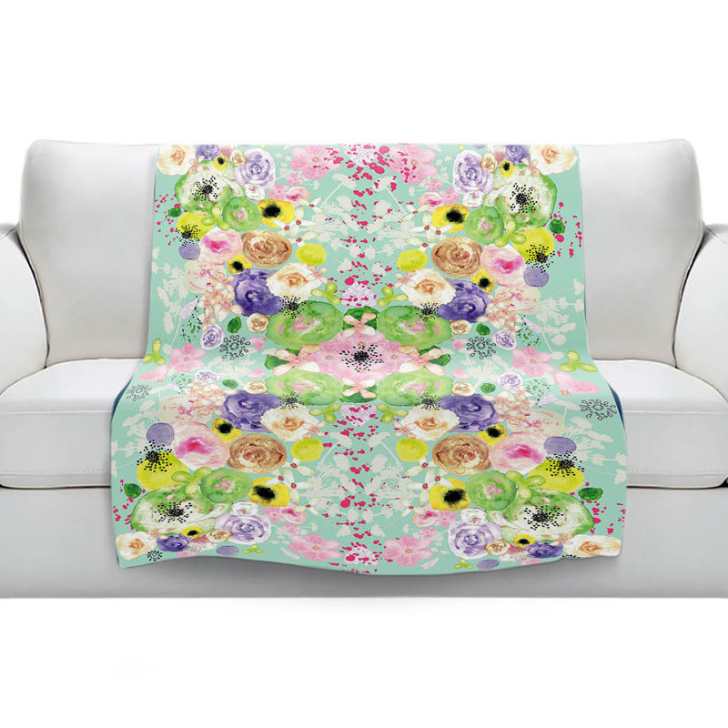 Couverture sherpa doux turquoise à fleurs romantiques, l 68 po x L 80 po