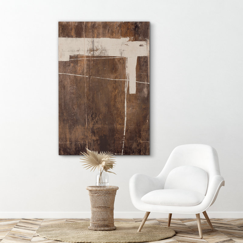 Style Mid-Century brun foncé, formes abstraites neutres, grand cadre rustique, décor minimaliste M24, Toile tendue