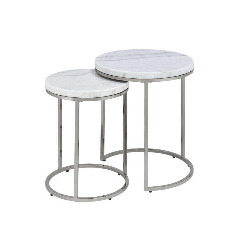 Matzen Contemporary Nesting Table Set with Natural Marble Top in Nickel