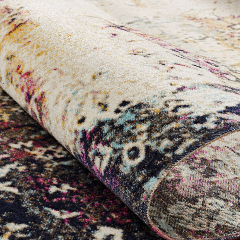 Abstract Area Rug in Ivory/Blue/Gold, Rectangle 7'9" x 9'9"