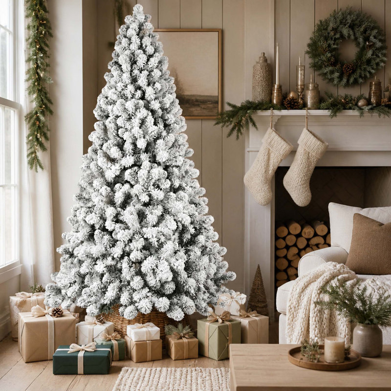 Arbre de Noël enneigé 9 pi avec 650 lumières UL blanc chaud, embouts en PVC de 1930, fil à mémoire dépliable, assemblage facile et support en métal stable - décor des Fêtes enneigé