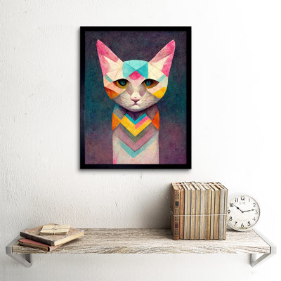 Geometric Multicoloured Pastel Cat Painting 1 Piece Single Picture Frame Wall Art