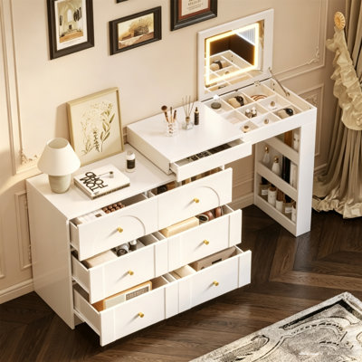 Bureau de coiffeuse blanc avec miroir et lumières, coiffeuse de maquillage à dessus rabattable avec rangement, 7 tiroirs, 9 compartiments et 3 tablettes ouvertes, 3 coiffeuses de maquillage lumineuses à intensité variable pour la chambre à coucher