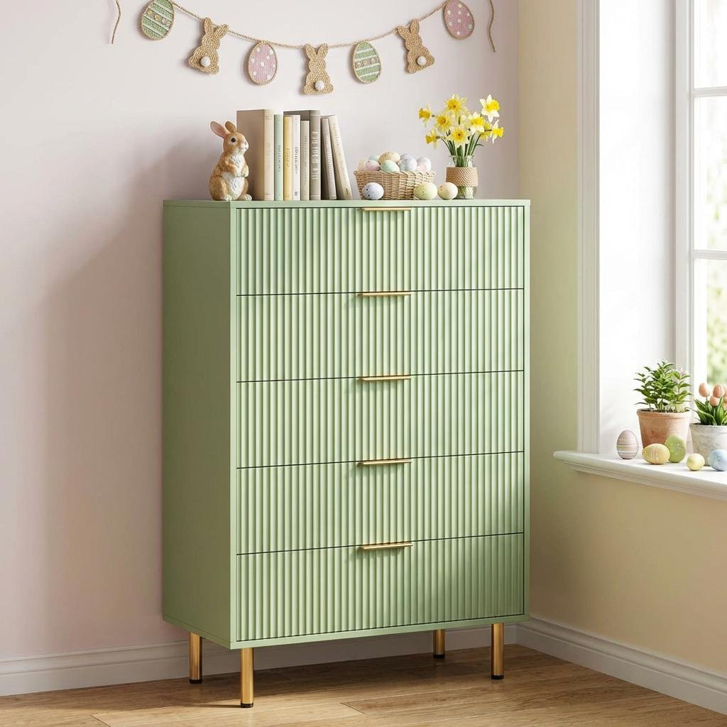 5 Drawer Dresser,Fluted Dresser for Bedroom,47.9" Tall Dressers Chest of Drawers,Wood Tall Dressers with Metal Handle for Closet, Living Room, Entrywa