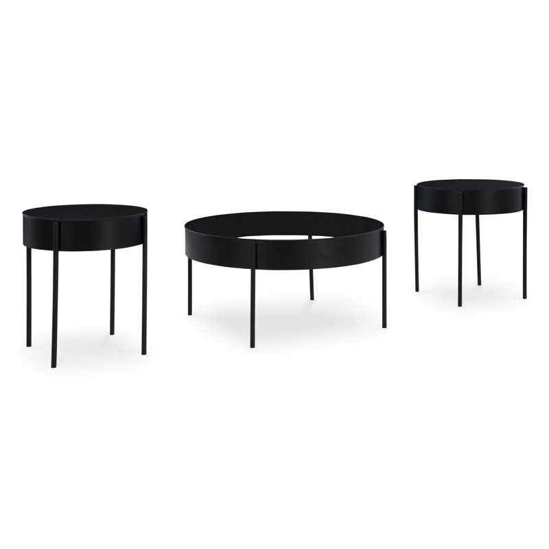 Black Metal and Glass Round Coffee Table Set