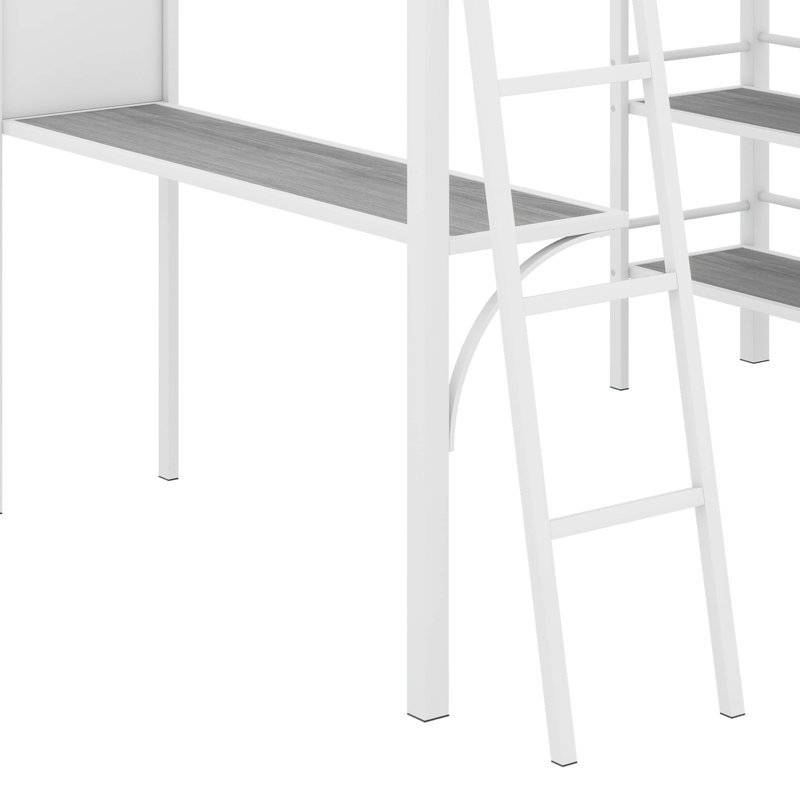 Lit Loft en métal avec 3 couches de tablettes et de bureau, lit élégant en métal avec tableau blanc, Double, Blanc