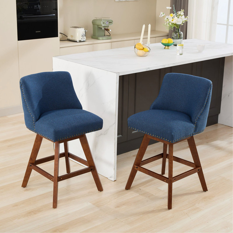Counter Height Swivel Barstools, 26'' H Seat Height Upholstered Bar Stools Set Of 2, Fabric In Blue, Blue