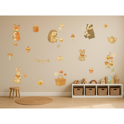 Woodland Tea Party Wall Decals, Set of 29 Peel and Stick Nursery Wall Stickers, Satin Finish Removable Kids Room Wall Art, 20"W x 20"H (50 x 50 cm)