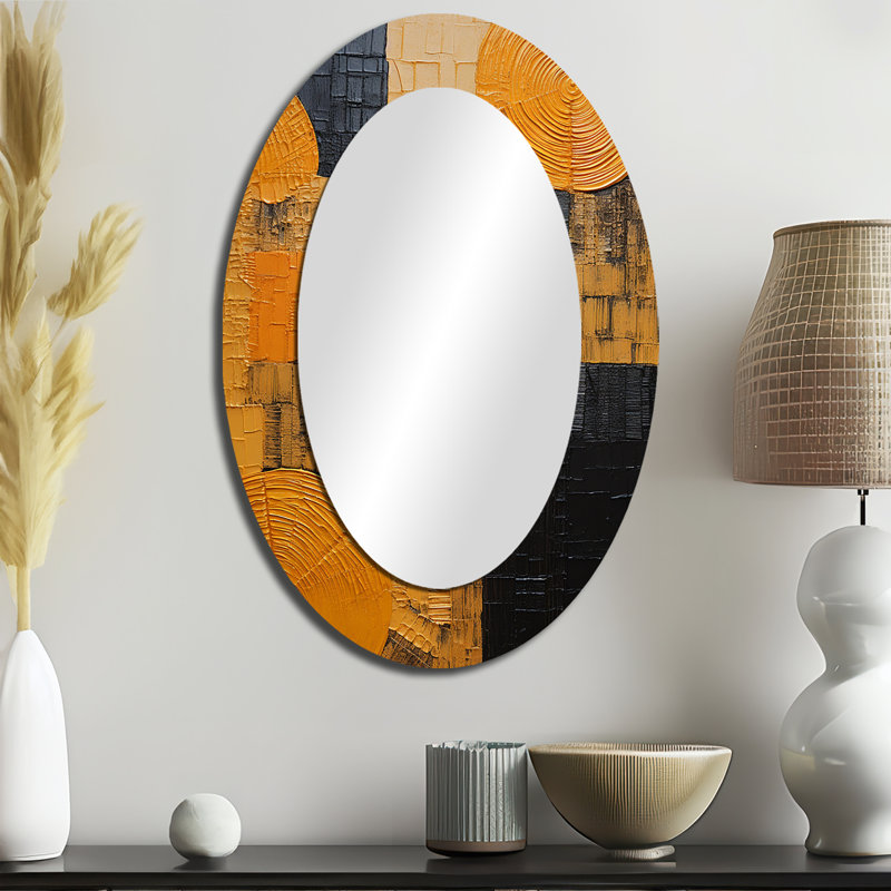 Artistique jaune poterie - Miroir décoratif géométrique ovale sur métal, 36 po x 24 po