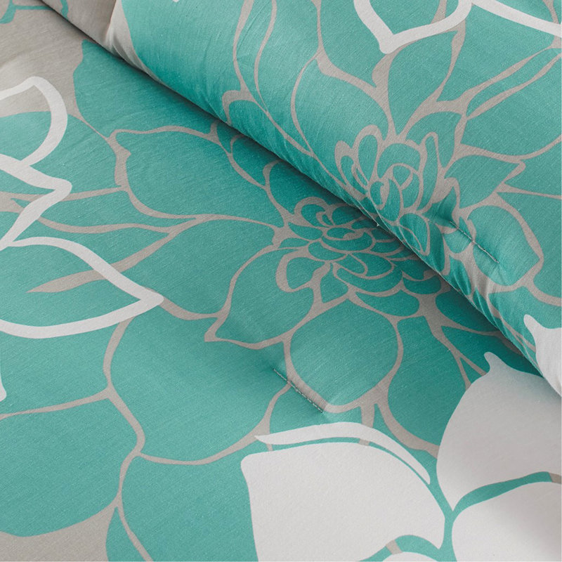 Ensemble d'édredon en satin de coton imprimé, Turquoise, Grand édredon et 6 pièces supplémentaires