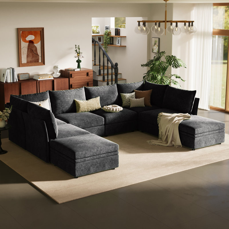 Canapé modulaire en U de 135,5 po avec repose-pieds mobile Merchelle, Chenille noir
