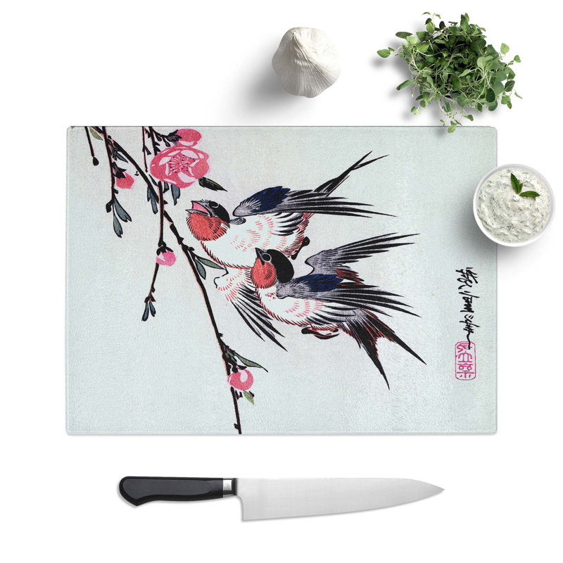 Tempered Glass Swallows and Peach Blossom by Utagawa Hiroshige Chopping Board, 28.5 cm W x 20 cm L