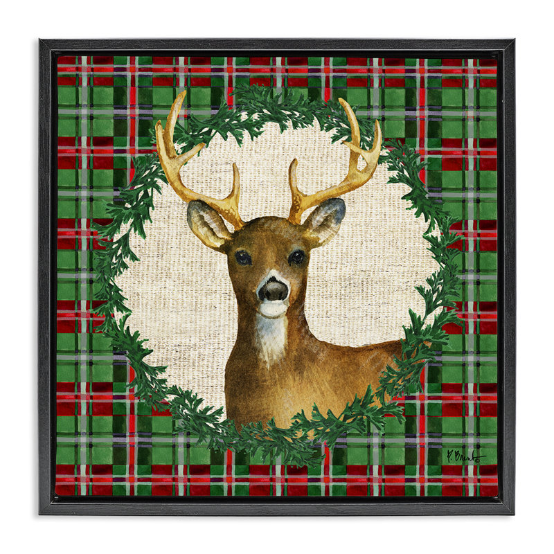  «Plaid Holiday Deer» par Paul Brent, Cadre flottant noir de jais, H 18 po x l 18 po
