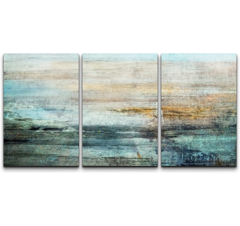 «Blue and Orange Grunge Color Field Abstract Shapes on Canvas», reproduction de 3 pièces