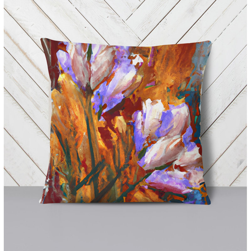 Throw Pillow With Insert, Orange/Purple Floral 9, 20"H x 20"W