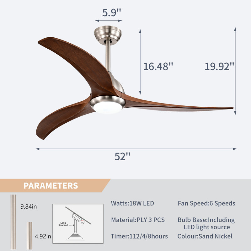 Ventilateur de plafond en bois massif 52 po avec lumière et télécommande, 6 vitesses, 3 couleurs, moteur réversible