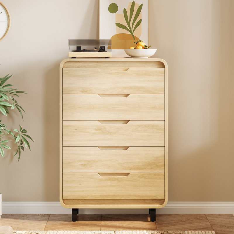 Commode haute à 5 tiroirs de 48 pouces de style naturel - Armoire de rangement en bois pour le salon ou le couloir, Tanné