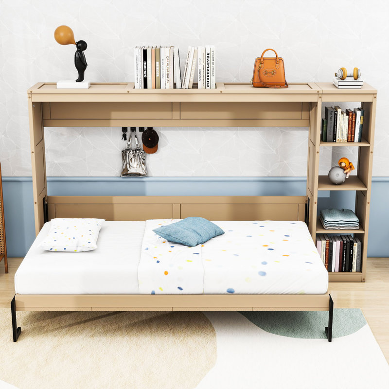 Lit escamotable en bois avec bibliothèque, Double, Naturel