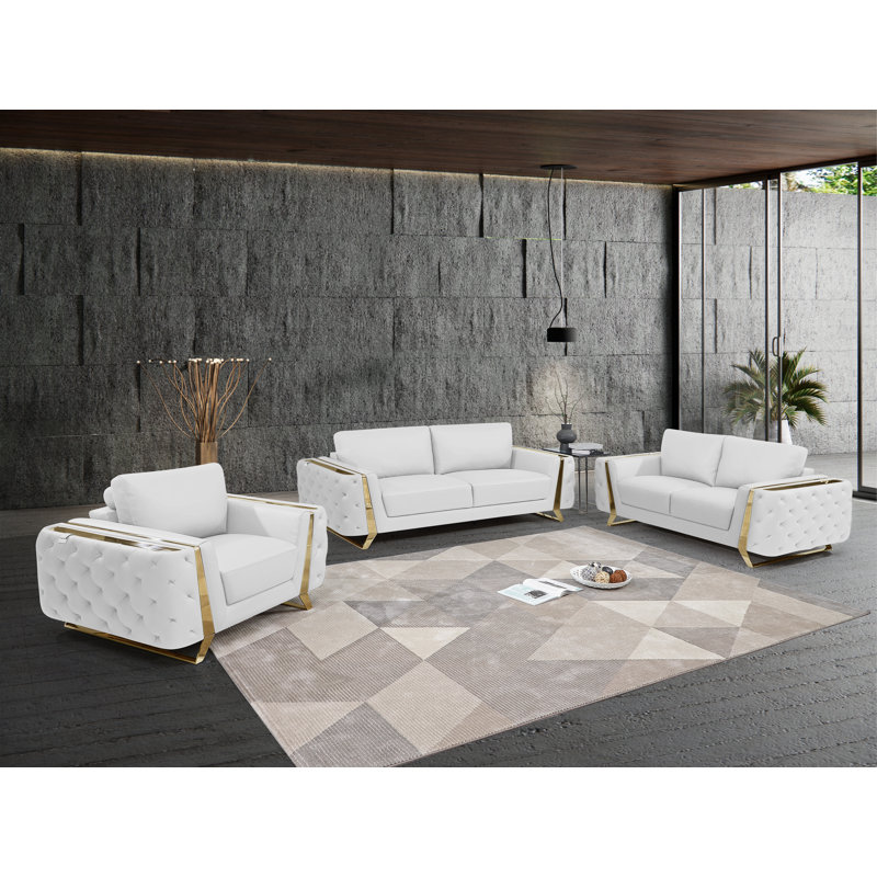 Ensemble de salon configurable en cuir 3 pièces Nissa, Beige, Doré