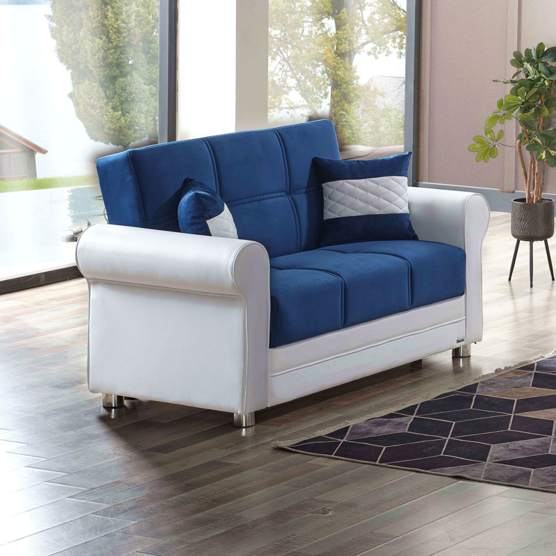 Causeuse convertible rembourrée avec rangement, pour le salon, la chambre à coucher, les petits espaces, Bleu / blanc