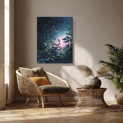 Serpent enroulé dans le feuillage de la jungle, croissant de lune - Art mural sur toile tendue - Décoration de salon, de chambre à coucher ou de bureau