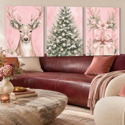 Cerf rose et arbre de Noël pastel, vacances, triptyque, impression sur toile, pour le salon, la chambre à coucher, le bureau, le couloir, le vestibule, le mur de la galerie et la décoration intérieure moderne