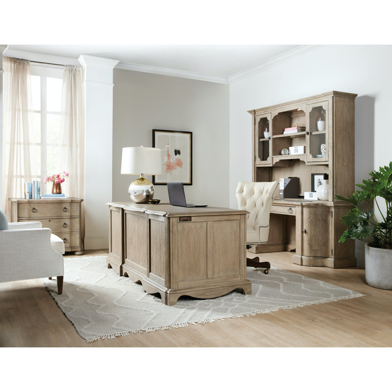 Beige Traditional Executive Desk with 7 Drawers and Keyboard Tray