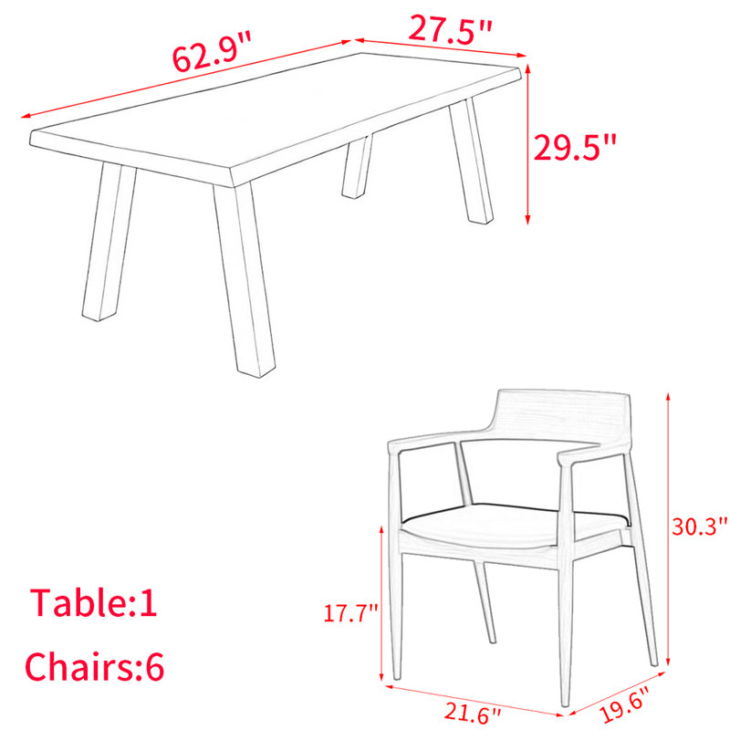 Ensemble de table de salle à manger en bois massif de style américain, 7, H 29,5 po x L 62,9 po x l 27,5 po