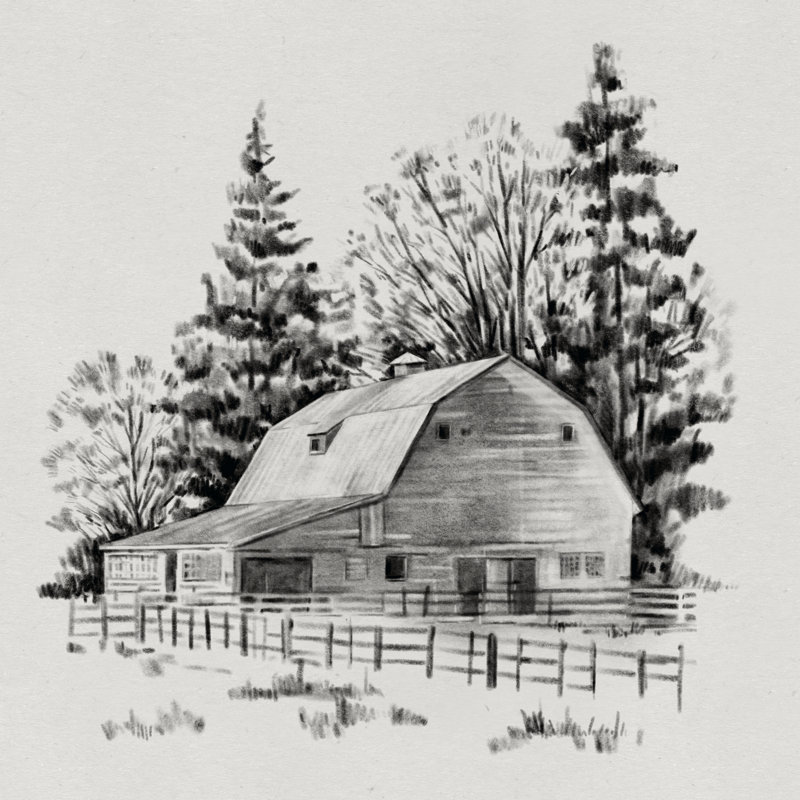 Croquis de grange lointaine I, H 12 po x l 12 po