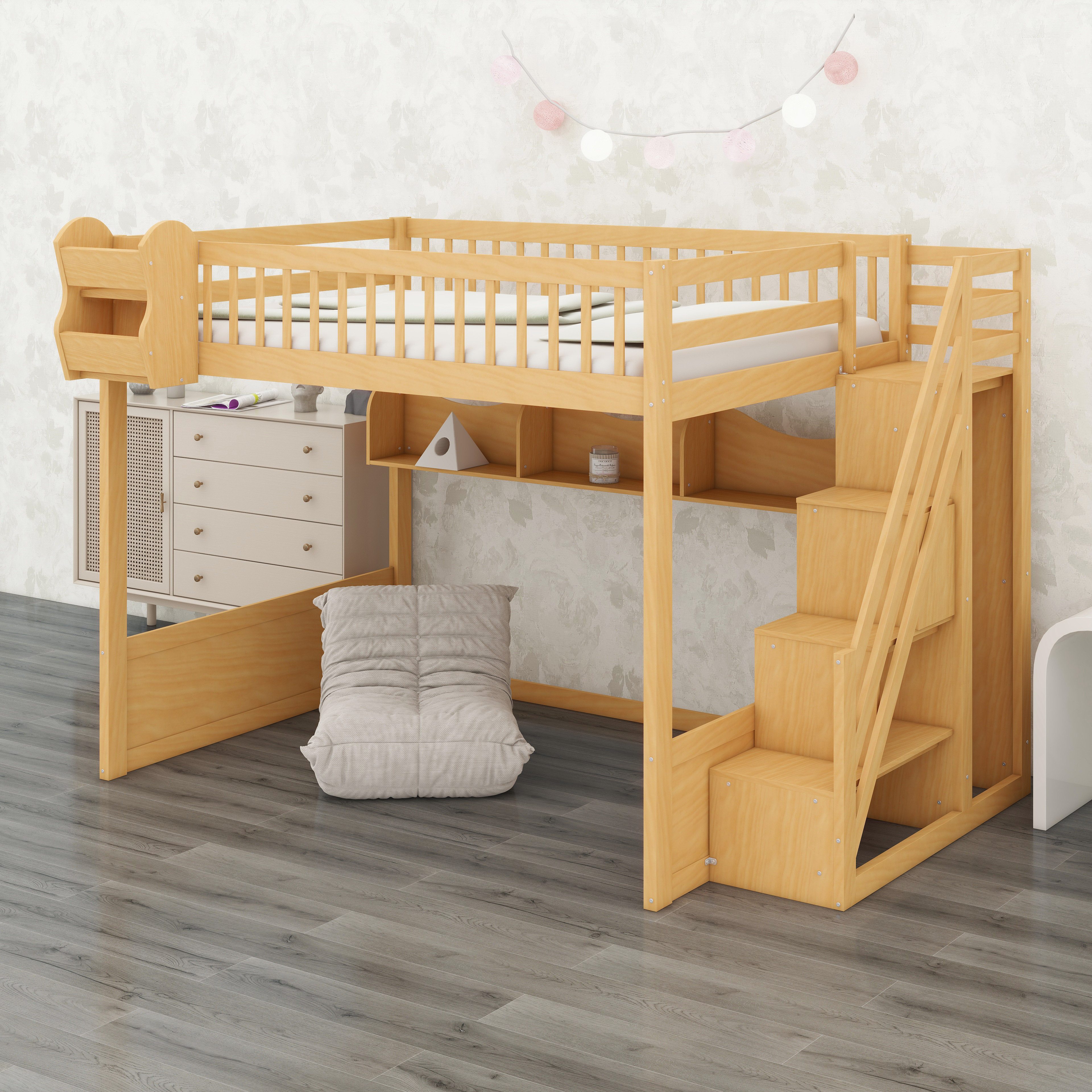 Ebern Designs Wooden Loft Bed With Staircase And Wardrobe | Wayfair