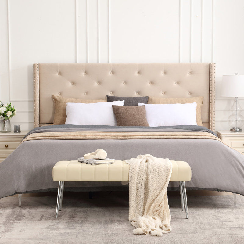 Modern Tufted Faux Leather Upholstered Bench, 44.5" Wide With Metal Legs, Beige