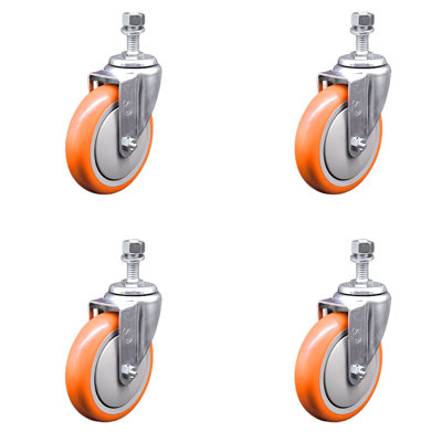 5 Inch SS Red Polyurethane Wheel Swivel ½ Inch Threaded Stem Caster Set SCC