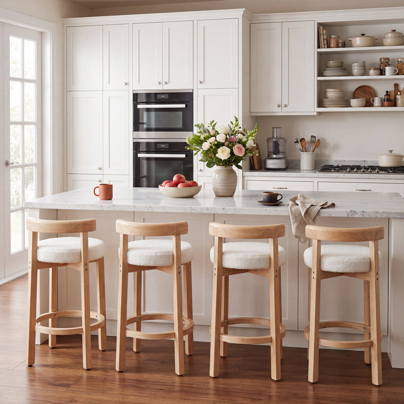 Tabouret de bar moderne rembourré avec structure en bois, tabouret de bar pour îlot de cuisine, café (ensemble de 4), White