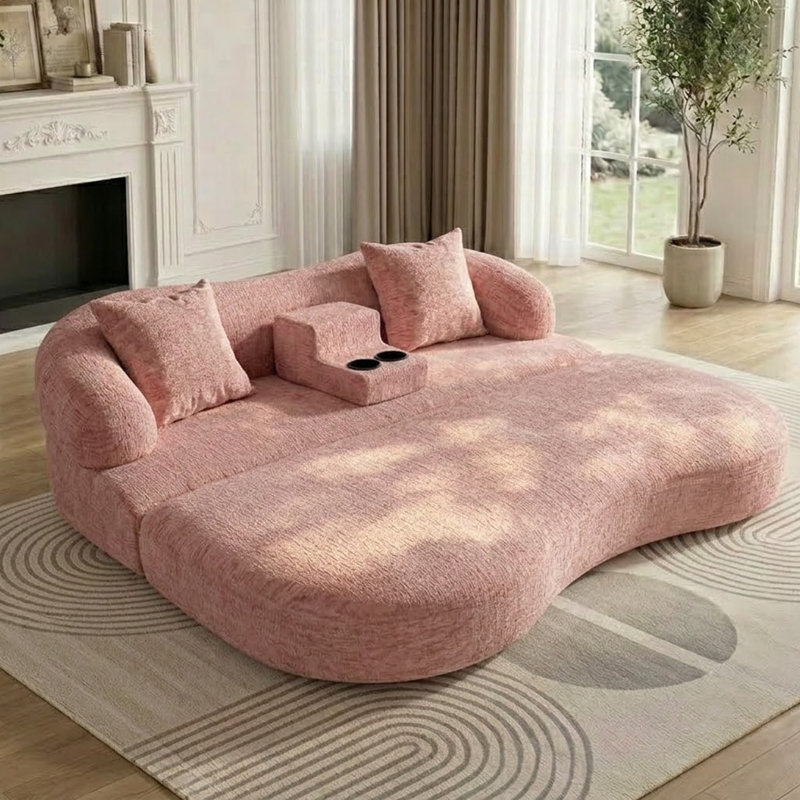 Canapé-lit convertible incurvé moderne de 178 cm avec console centrale amovible et porte-gobelets, canapé deux places en chenille résistant aux animaux, canapé de sol monobloc en mousse haute densité pour petit salon